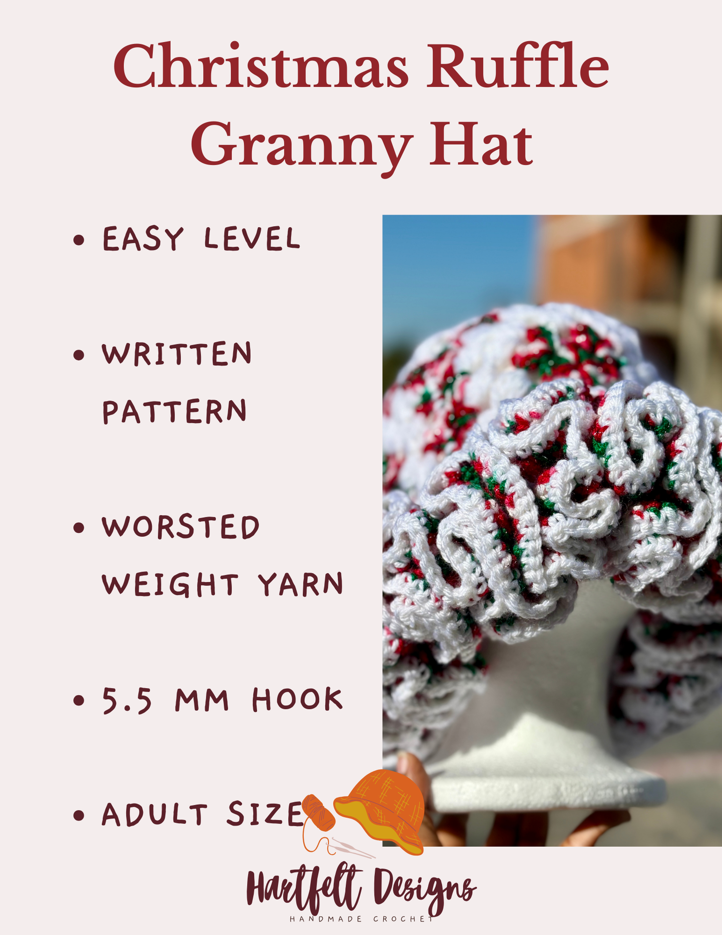 Christmas Ruffle Granny Hat – Crochet PDF Pattern (FREE for first 50 people - Use Code "TESTER")