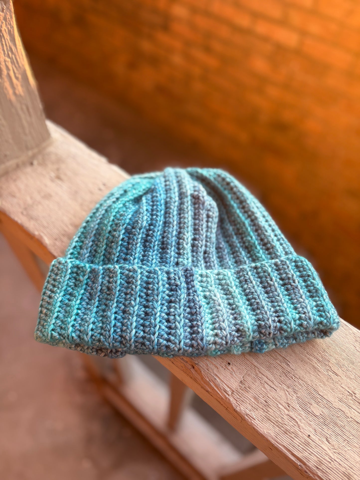 Caribbean Blue Handmade Crochet Ribbed Beanie – Cozy Winter Hat with Folded Brim