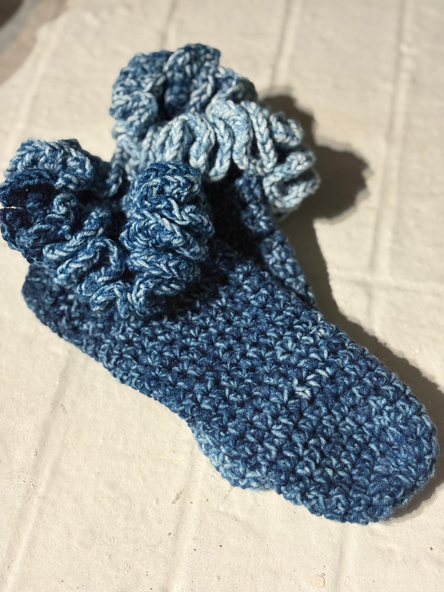 Handmade Crochet Ruffle Socks – Denim Blue Cozy Slipper Socks
