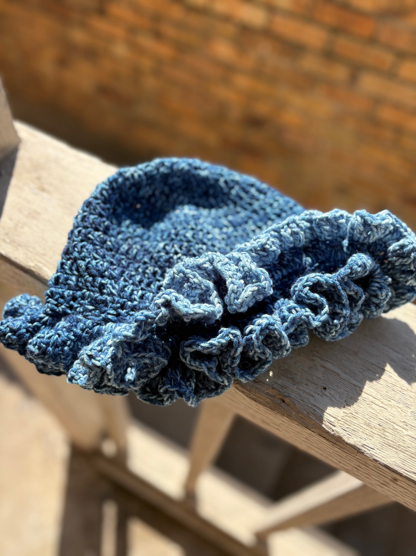 Denim Blue Handmade Crochet Ruffle Brim Hat – Denim Blue Floppy Sun Hat