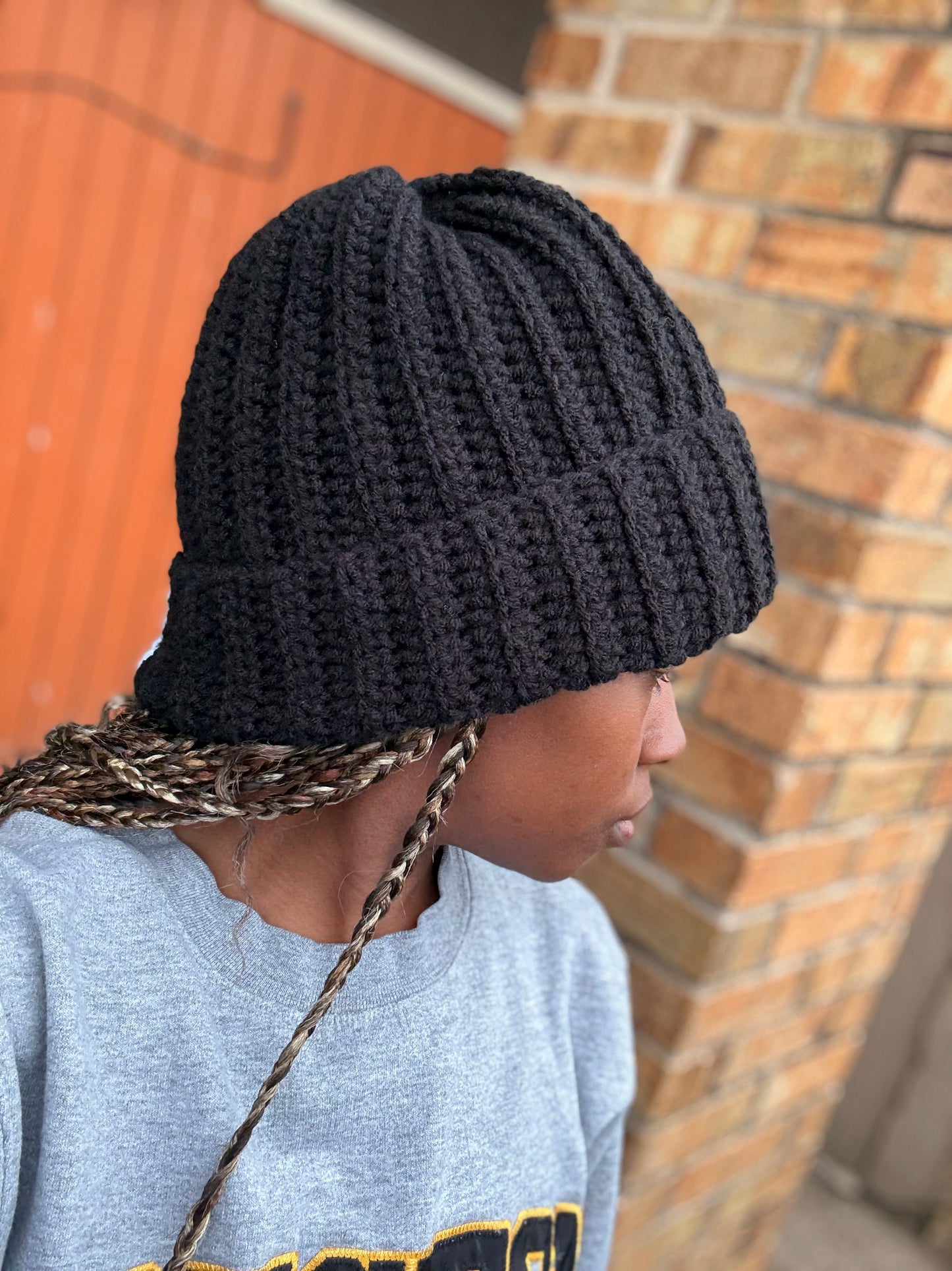 Classic Black & White Ribbed Hat - Handmade Crochet Beanie