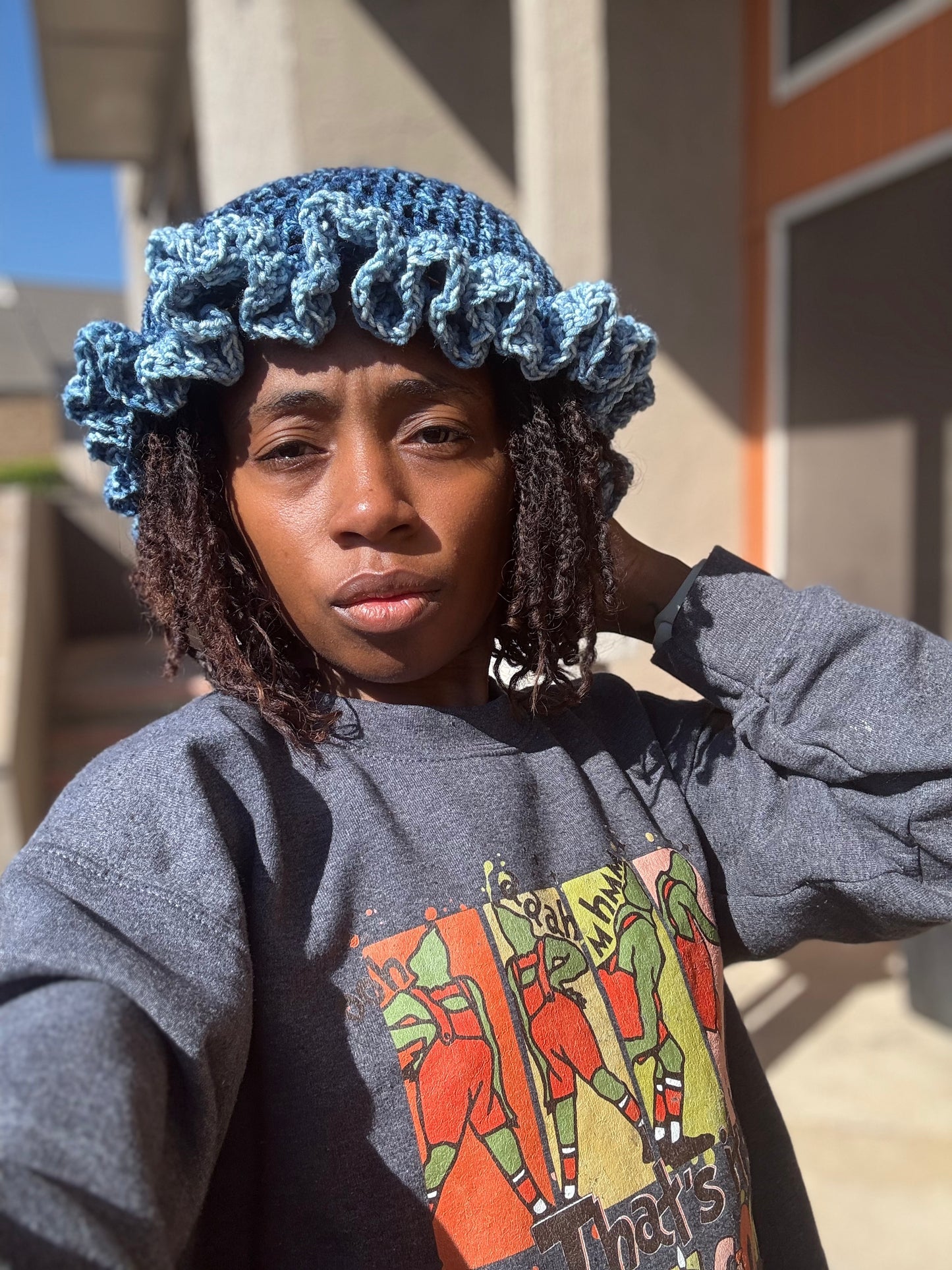 Denim Blue Handmade Crochet Ruffle Brim Hat – Denim Blue Floppy Sun Hat