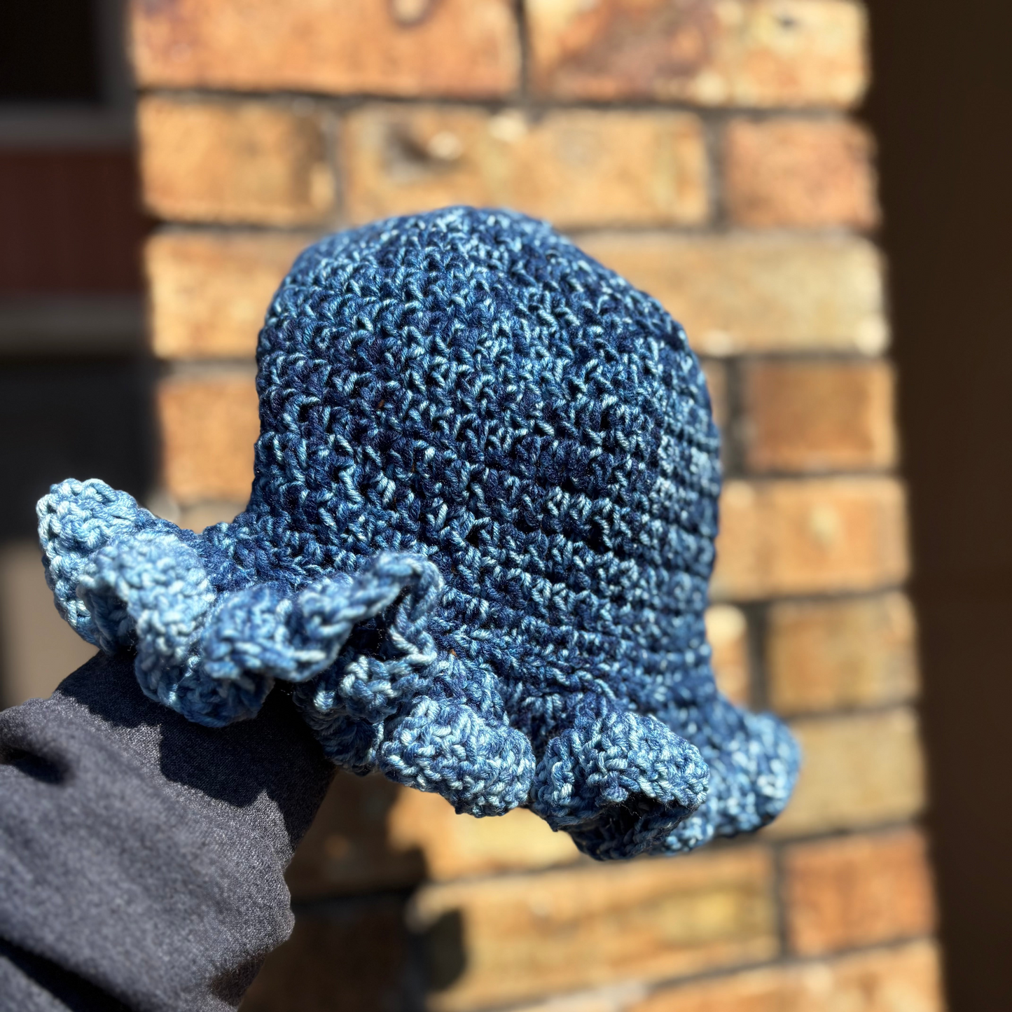 Denim Blue Handmade Crochet Ruffle Brim Hat – Denim Blue Floppy Sun Hat