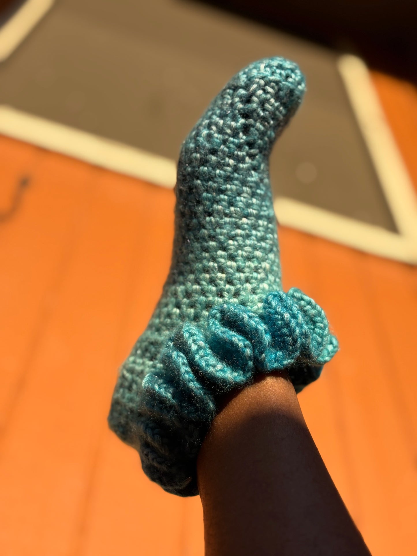 Caribbean Blue Handmade Crochet Ruffle Socks – Cozy Ruffled Slipper Socks