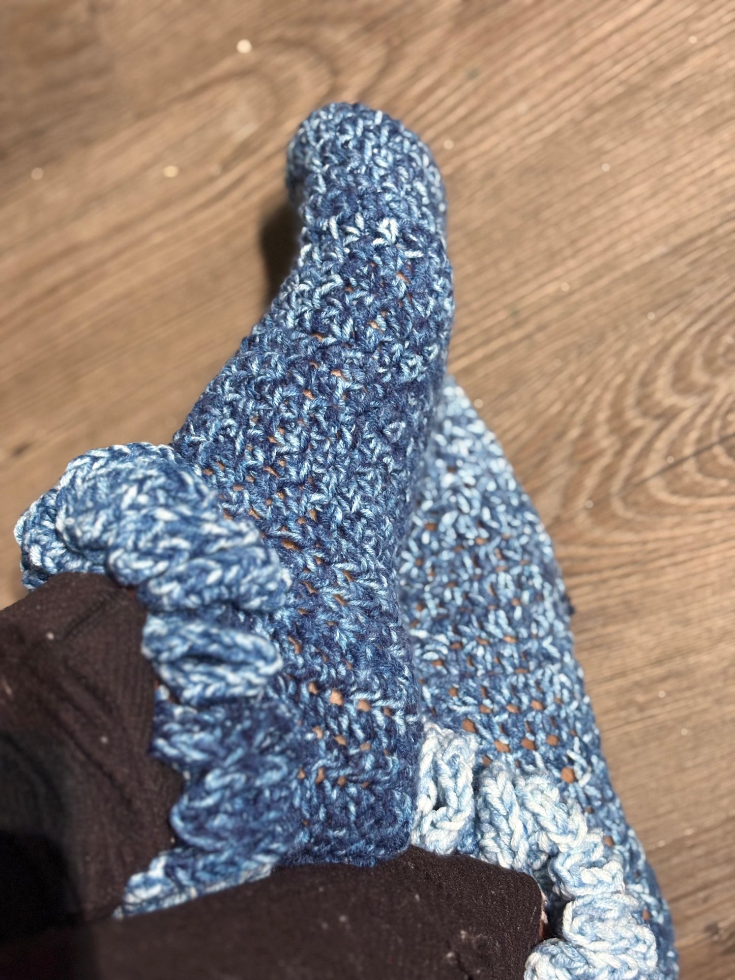 Handmade Crochet Ruffle Socks – Denim Blue Cozy Slipper Socks