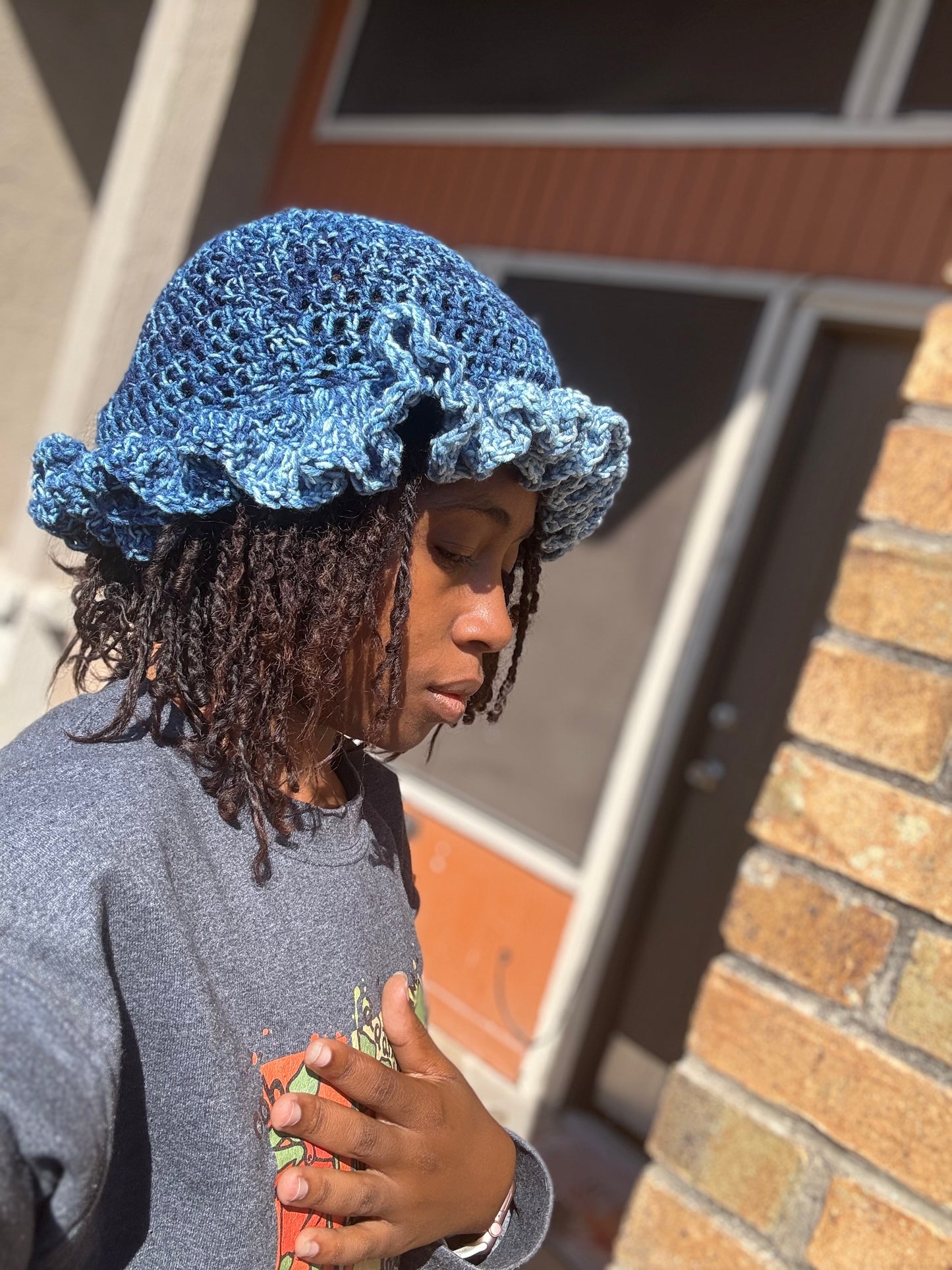 Denim Blue Handmade Crochet Ruffle Brim Hat – Denim Blue Floppy Sun Hat
