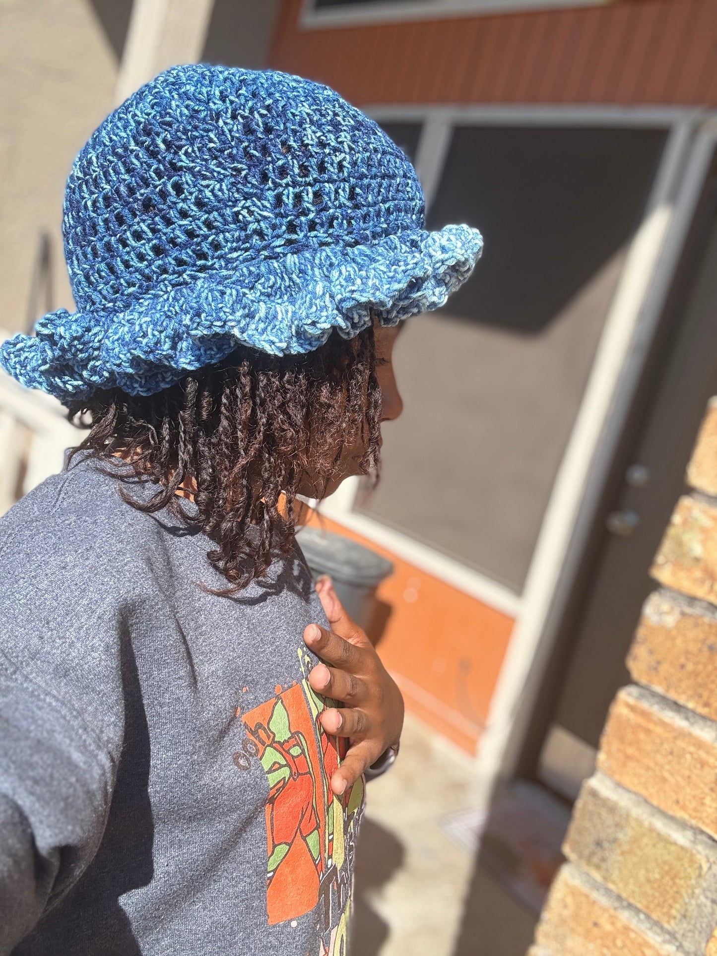 Denim Blue Handmade Crochet Ruffle Brim Hat – Denim Blue Floppy Sun Hat