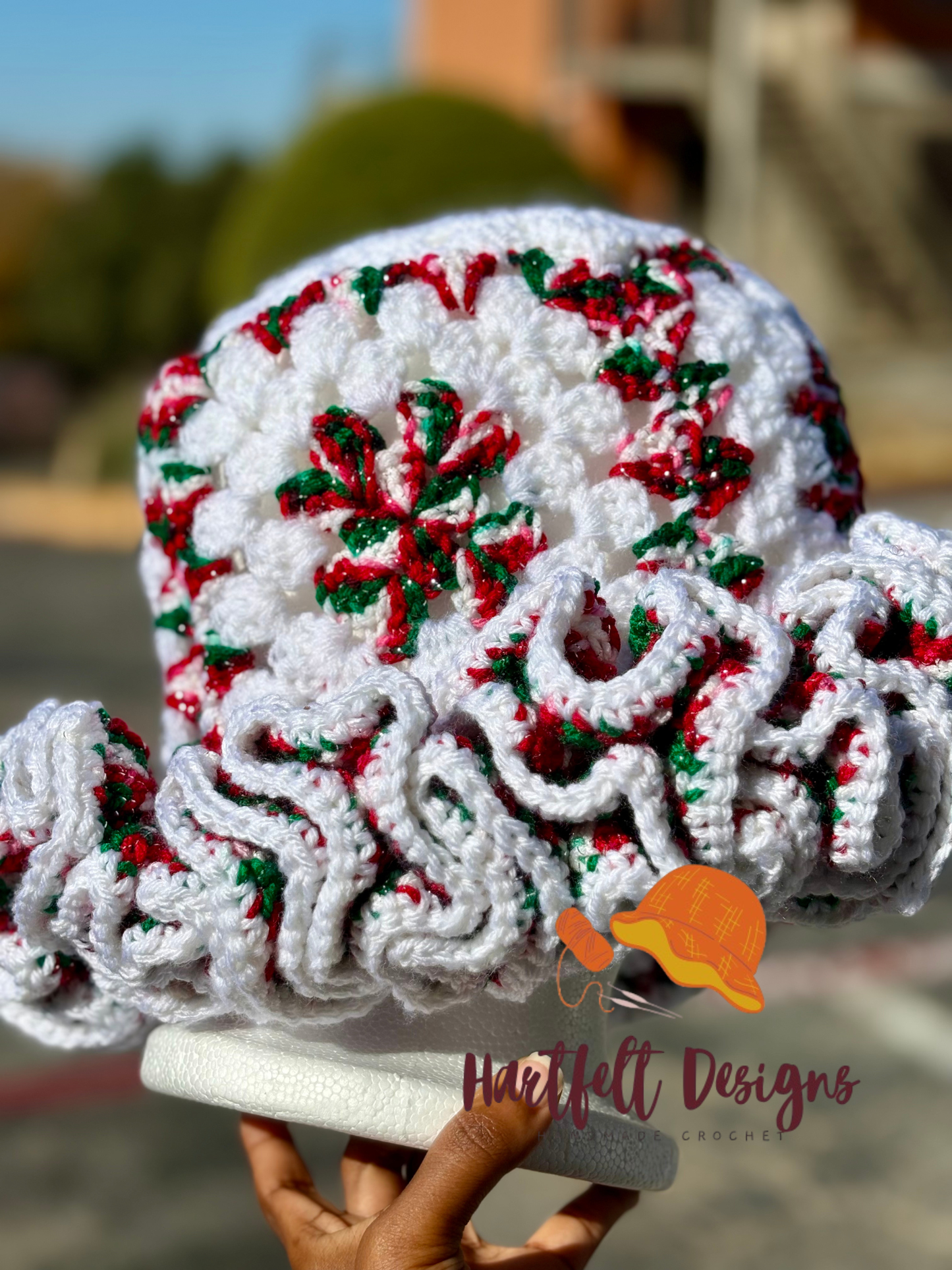 Handmade Christmas Ruffle Flare Hat – Snowflake Holiday Crochet Cap