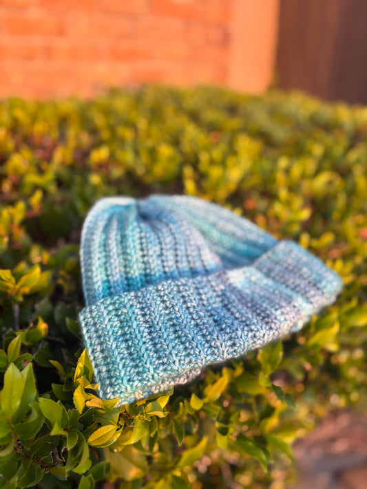 Caribbean Blue Handmade Crochet Ribbed Beanie – Cozy Winter Hat with Folded Brim