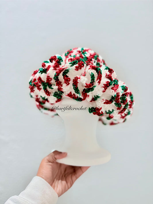Handmade Christmas crochet hat with ruffled brim in red, green, and white – Hartfelt Crochet