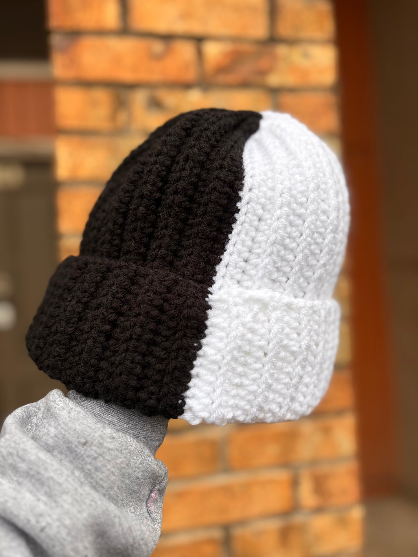 Handmade black and white crochet beanie with folded brim – Hartfelt Crochet