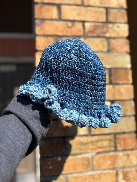 Denim Blue Handmade Crochet Ruffle Brim Hat – Denim Blue Floppy Sun Hat