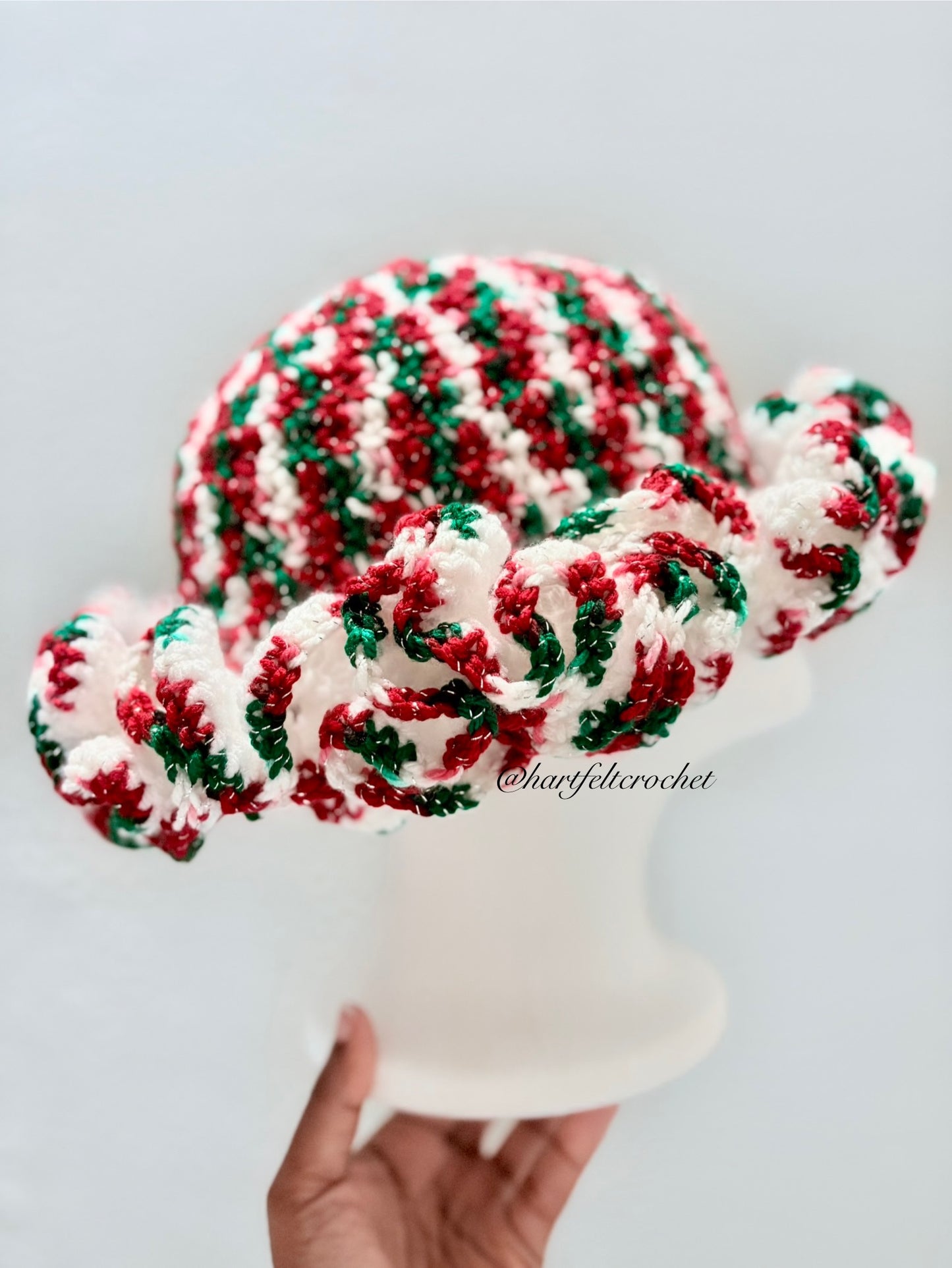 Handmade Christmas crochet hat with ruffled brim in red, green, and white – Hartfelt Crochet