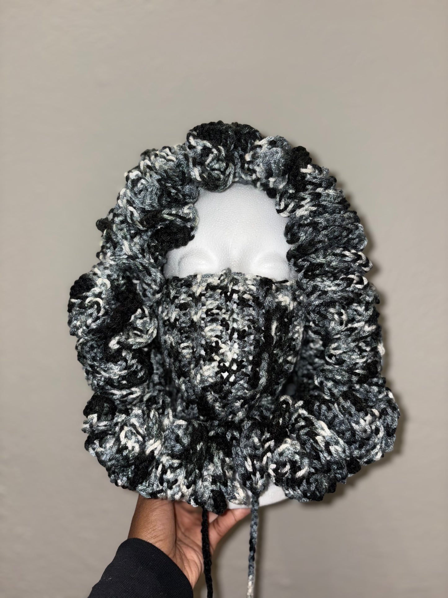 Made-to-Order Ruffle Hood With Face Warmer – Custom Color Crochet Hood