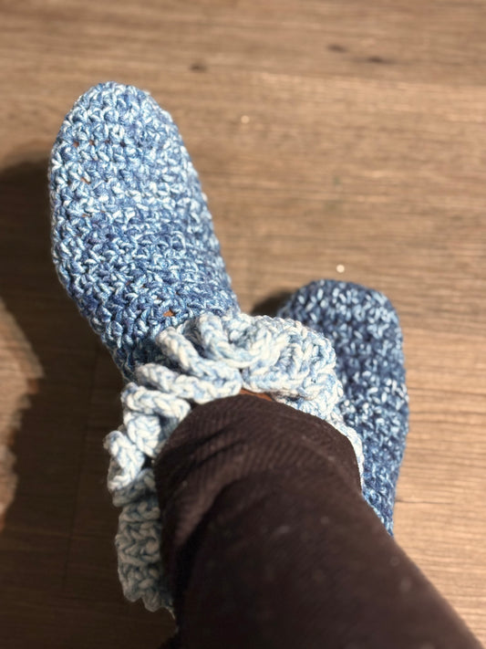 Handmade Crochet Ruffle Socks – Denim Blue Cozy Slipper Socks
