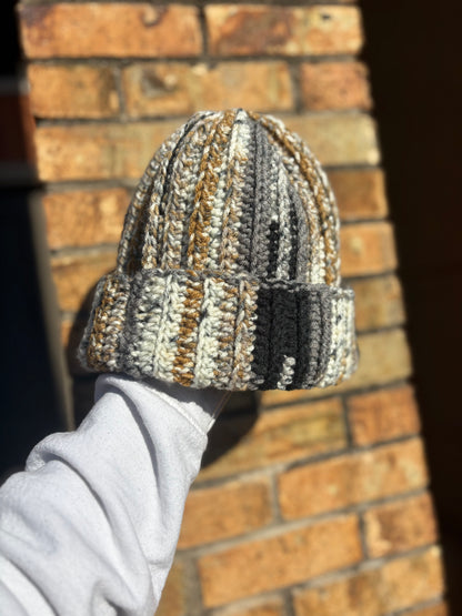 Handmade neutral crochet ribbed beanie with folded brim in shades of gray, cream, and tan – Hartfelt Crochet