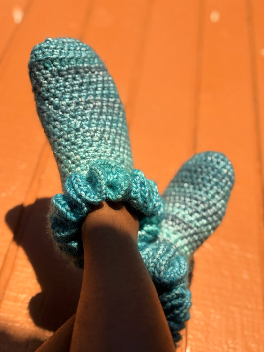 Caribbean Blue Handmade Crochet Ruffle Socks – Cozy Ruffled Slipper Socks