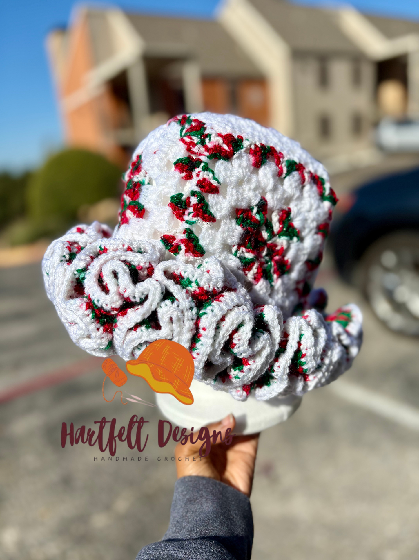 Handmade Christmas Ruffle Flare Hat – Snowflake Holiday Crochet Cap